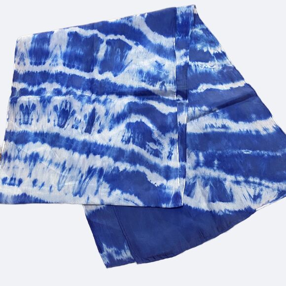 Tie Dye Silk Scarf Blue White Abstract Boho Festival Rectangle Artisan Handmade - Picture 1 of 5